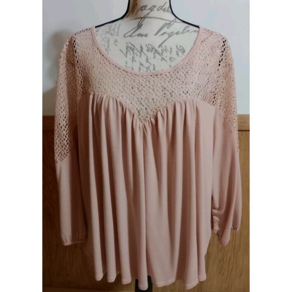 H&M Women's Pullover Top Sz Plus 3X Croched Bodice Keyhole Closr 3/4 Sleeves